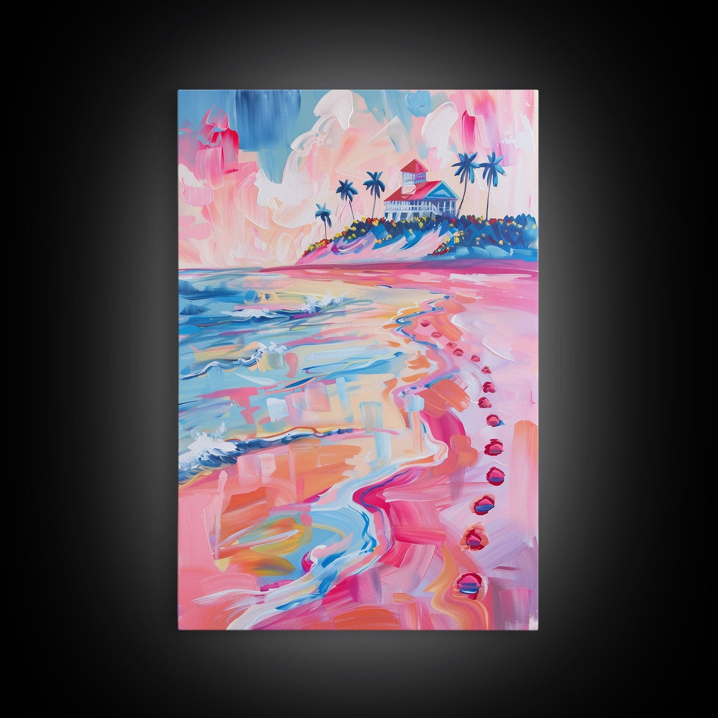 Colorful Tropical Beach Scene with Palm Tree - Framed Canvas Print, Vibrant Coastal Art, Living Room Decor, Beach Wall Art