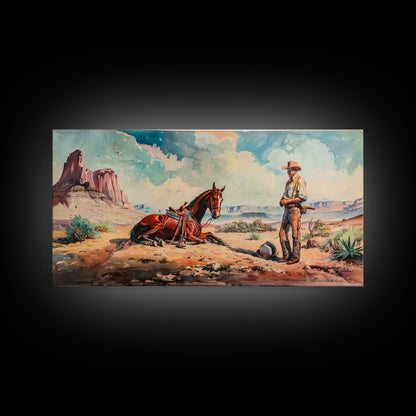 Cowboy and Horse in Desert Landscape, Rustic Farmhouse Art, Framed Canvas Print, Western Decor, Living Room Wall Art, Country Style