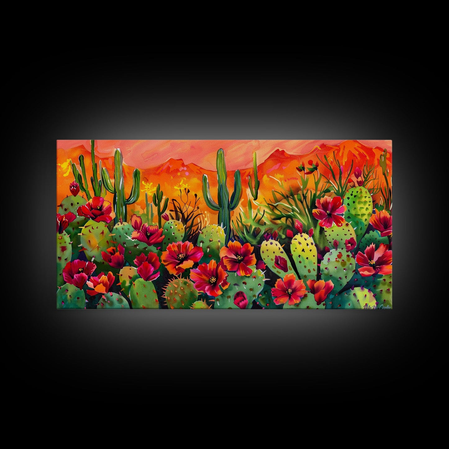 Colorful cactus garden in desert sunset, Framed Canvas Print, perfect for farmhouse living room, bohemian wall art