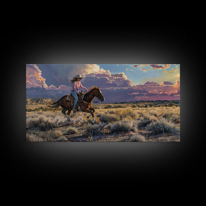 Cowgirl Galloping Across Desert Landscape, Vibrant Framed Canvas Print, Perfect for Living Room Art, Western Bedroom Decor, Desert Wall Art