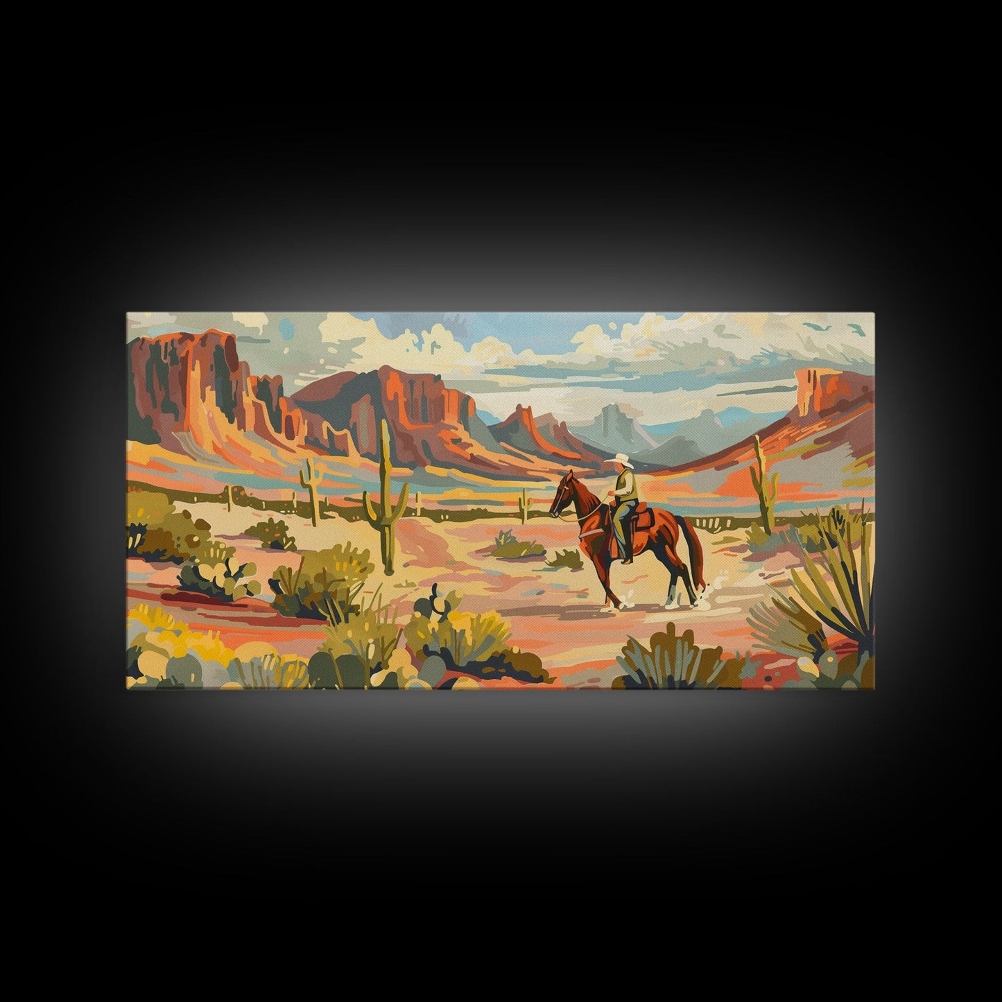 Serene Desert Scene with Cowboy, Ideal for Living Room Art, Framed Canvas Print, Bedroom Decor, Home Decoration, Southwestern Decor