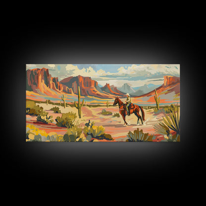 Serene Desert Scene with Cowboy, Ideal for Living Room Art, Framed Canvas Print, Bedroom Decor, Home Decoration, Southwestern Decor