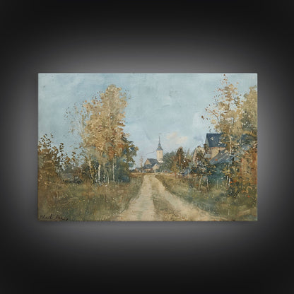 Old Country Road Leading To a Church, Framed Canvas Print, Unique Wall Art, One Of A Kind, folk art, Rustic Farmhouse