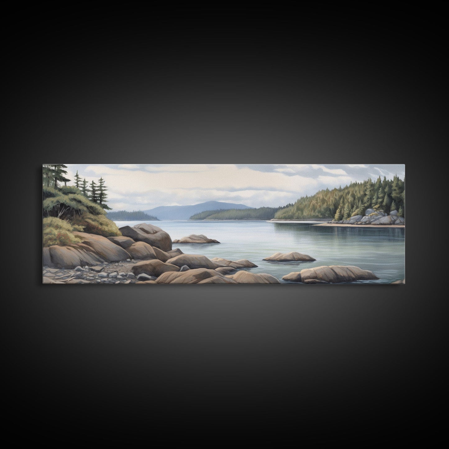 Colored Pencil Landscape Wall Art Print, Lake, Riverbank, River, Trees, Mountain, Large Canvas Art Print, Panoramic, Wall Art, Canvas Print