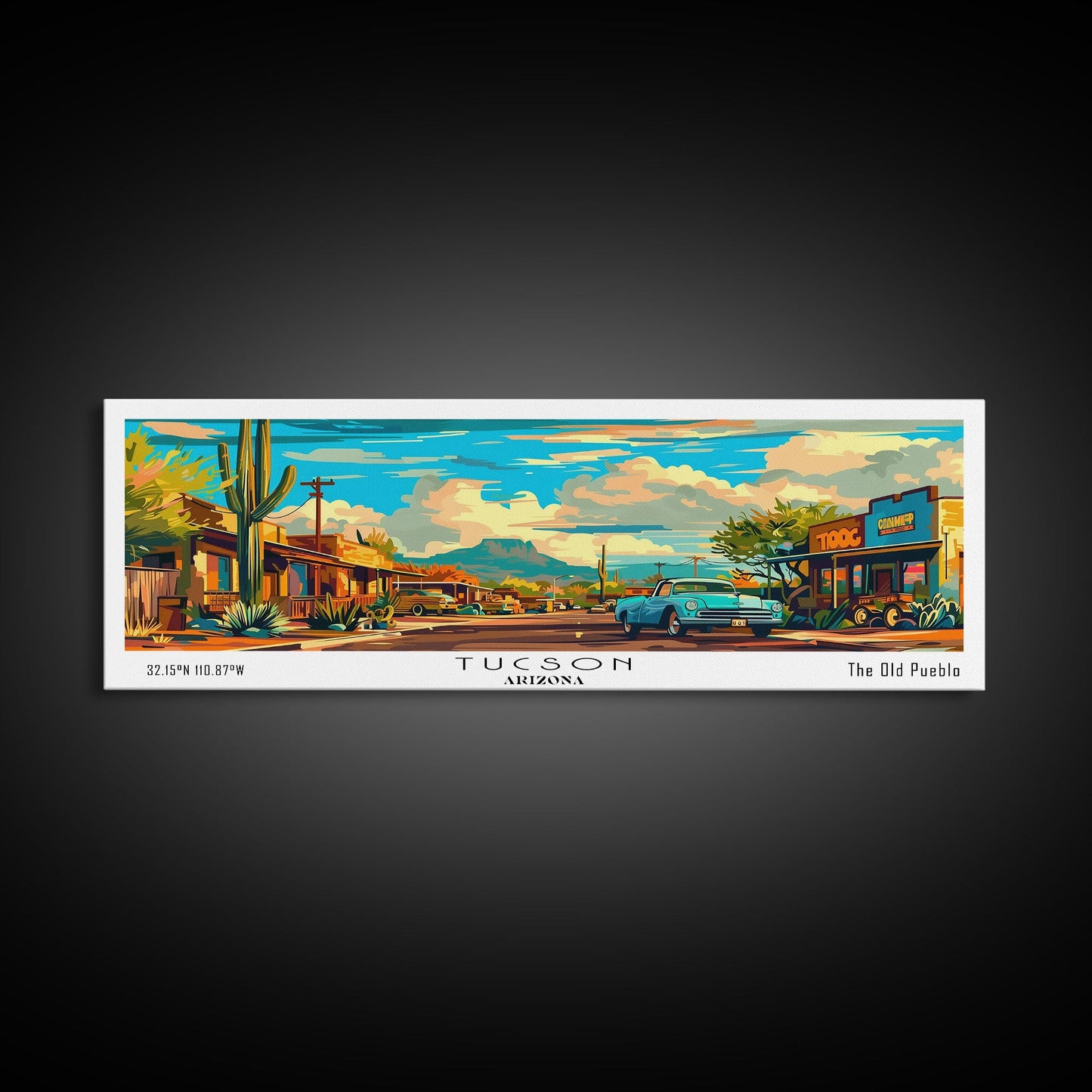 Tucson Arizona Panoramic Wall Art, Mid Century Modern Framed Canvas Print, Retro Pop Art Travel Poster, Office Wall Art, Living Room Decor