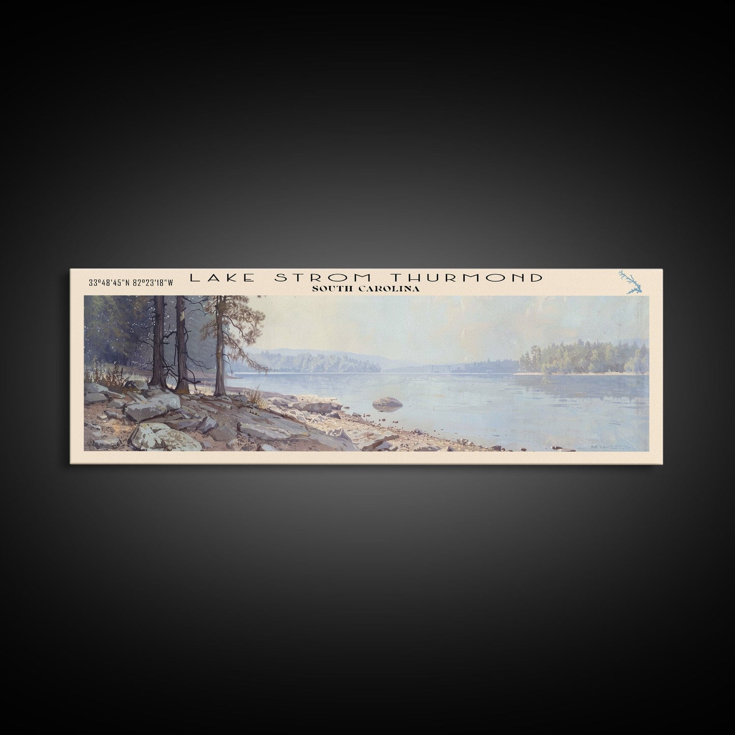 Lake Strom Thurmond South Carolina Framed Canvas Print, Lake House Decor, Panoramic Wall Art, Travel Poster, Serene Landscape Painting, Bedroom Decor