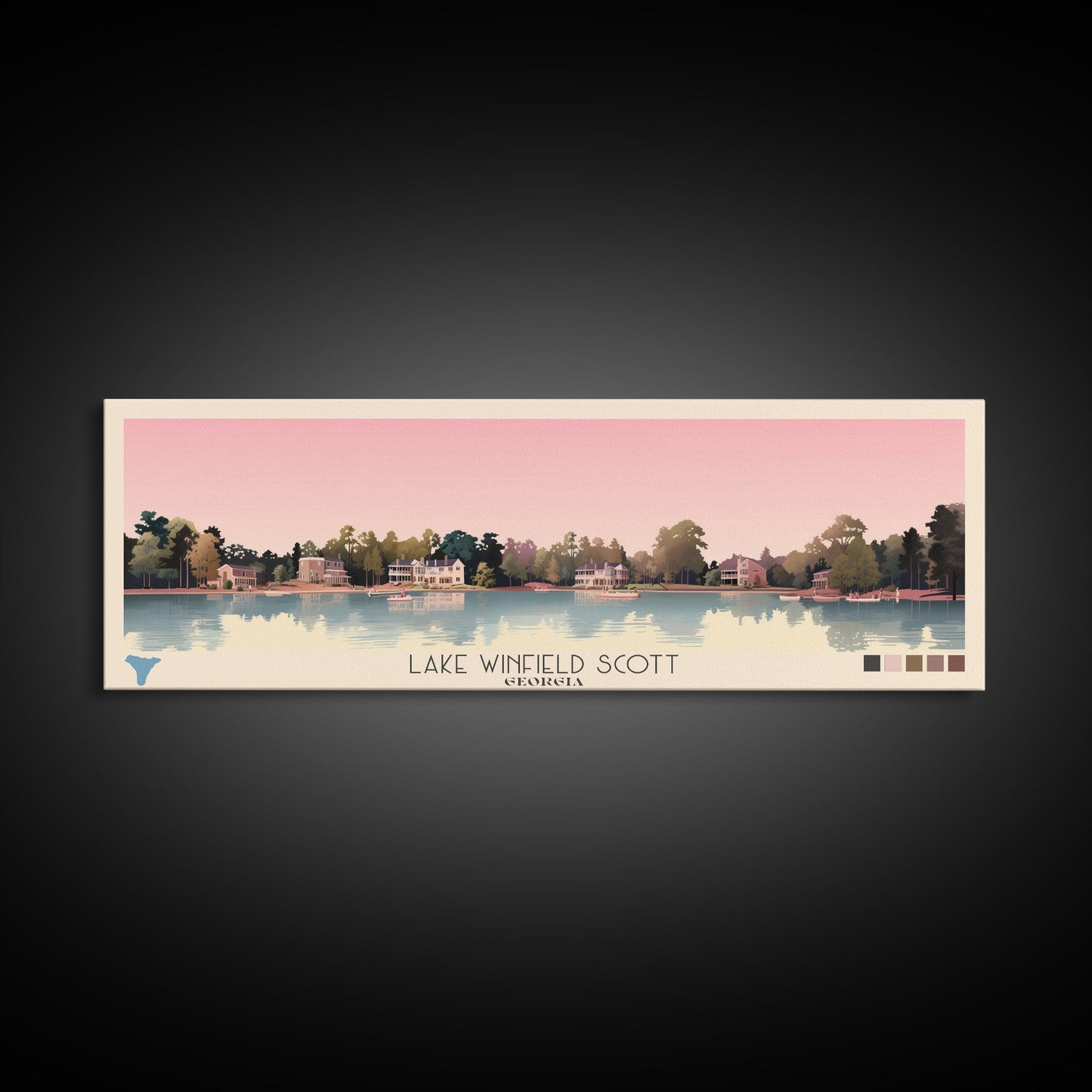 Lake Winfield Scott, Georgia Panoramic Wall Art Framed Canvas Print, Midcentury Modern, Pop Art, Home Decor, Travel Poster, Living Room Art