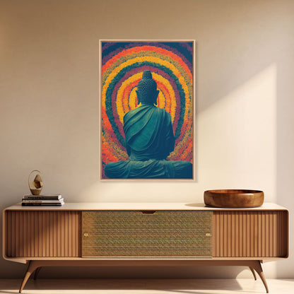 Colorful rainbow Buddha facing a ring of flowers, framed canvas print, yoga studio art