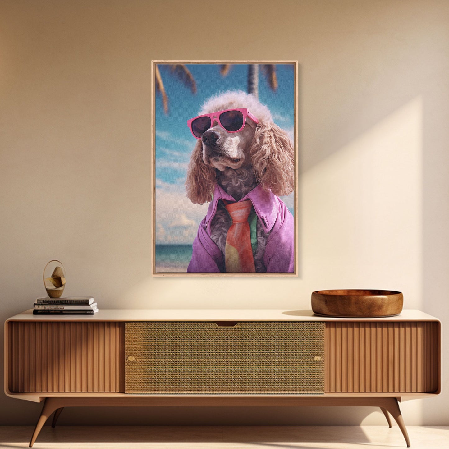 Poodle In Pink Shirt Sunglasses Wall Print, Beach Art, Dog Print, Dog Portrait, Framed Wall Art, Framed Canvas, Wall Print, Wall Canvas