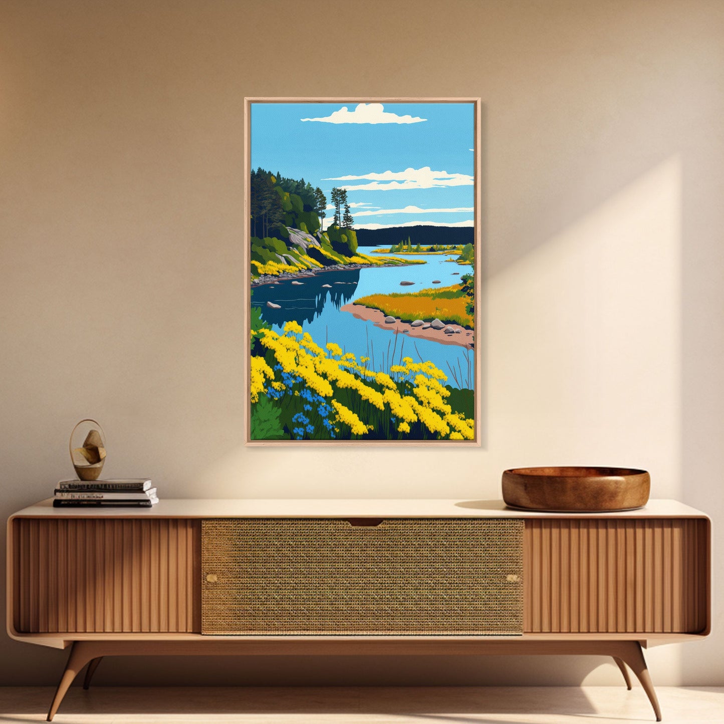 Colorful Pop Art Picture of a Stream, Framed Canvas Print, Surrealist High Contrast Cel Shaded Landscape Art