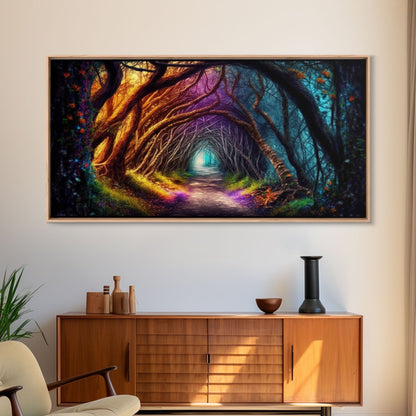 Secret Path, Fantasy Art, Pop Art Forest Landscape, Framed Canvas Print, Colorful Forest Painting, Living Room Art, Glowing Magical Forest