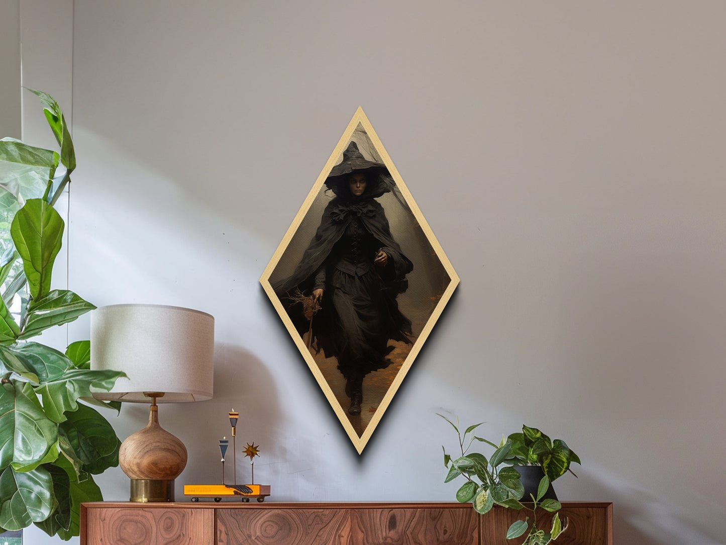 "Witch in the Woods" Canvas Embossed Print of Gothic Forest Sorceress, Diamond Shaped Art for Dark Academia Halloween or Victorian Occult Decor