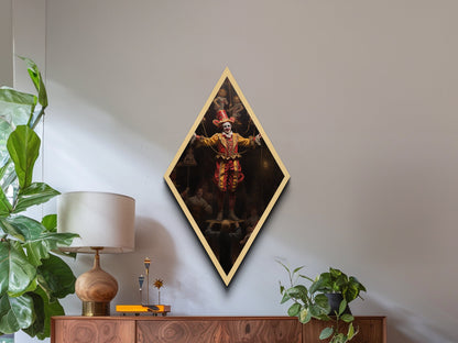 "The Hollow Ringleader" Diamond Shaped Art of Marionette Clown Canvas Embossed Print, Gothic Halloween Carnival Decor in Dark Circus Style