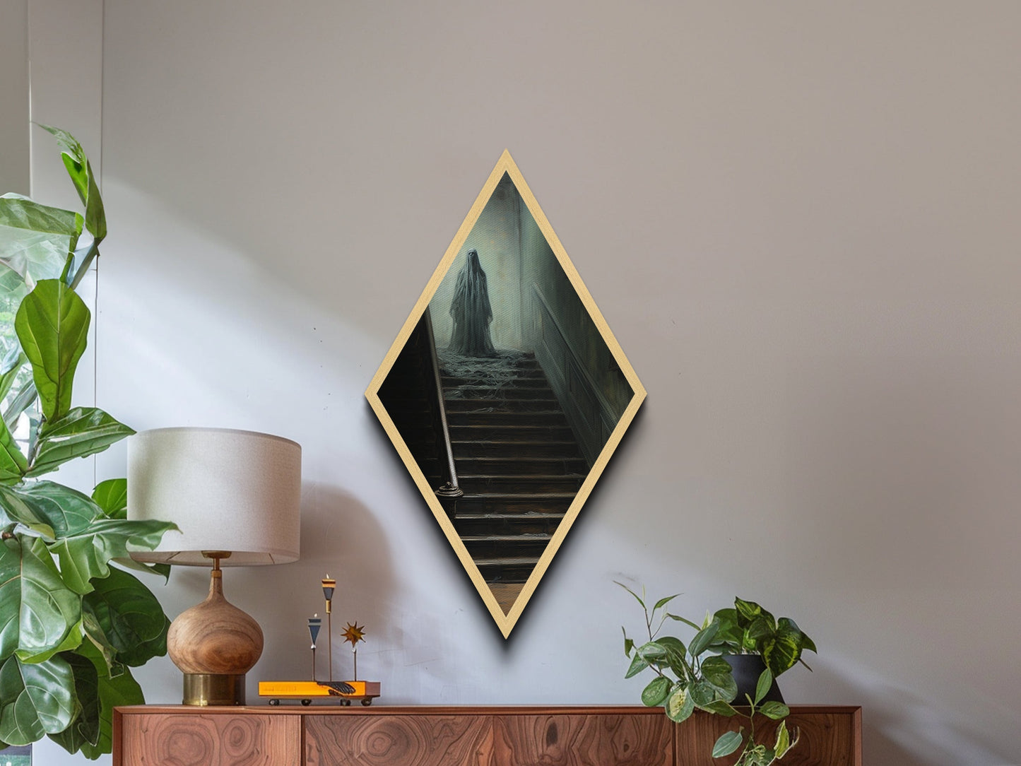 "The Waiting Cold" Haunted Stairwell Ghost Canvas Embossed Print, Diamond Shaped Art for Dark Academia Halloween or Gothic Paranormal Decor