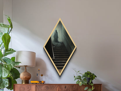 "The Waiting Cold" Haunted Stairwell Ghost Canvas Embossed Print, Diamond Shaped Art for Dark Academia Halloween or Gothic Paranormal Decor