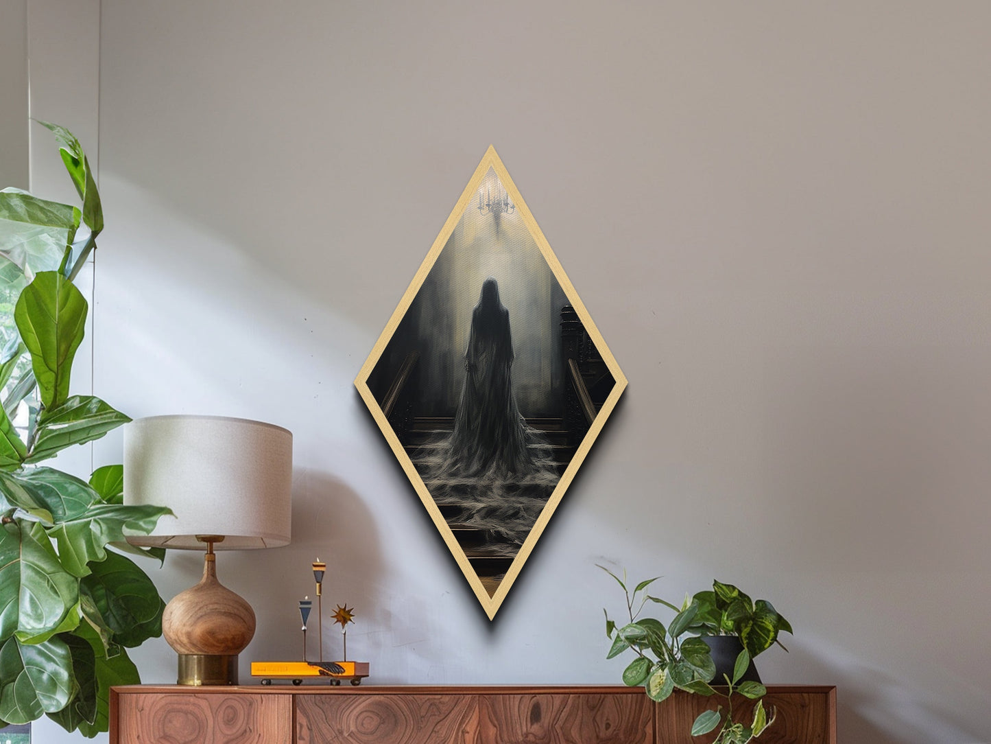 "Chandelier of Silence" Canvas Embossed Print of Spectral Figure Below Light, Diamond Shaped Art for Gothic Paranormal or Halloween Decor