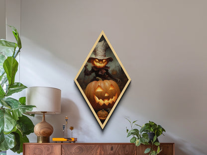 Pumpkin-headed scarecrow with eerie smile Canvas Art Print perfect for Halloween horror decor in Diamond Shaped Art style