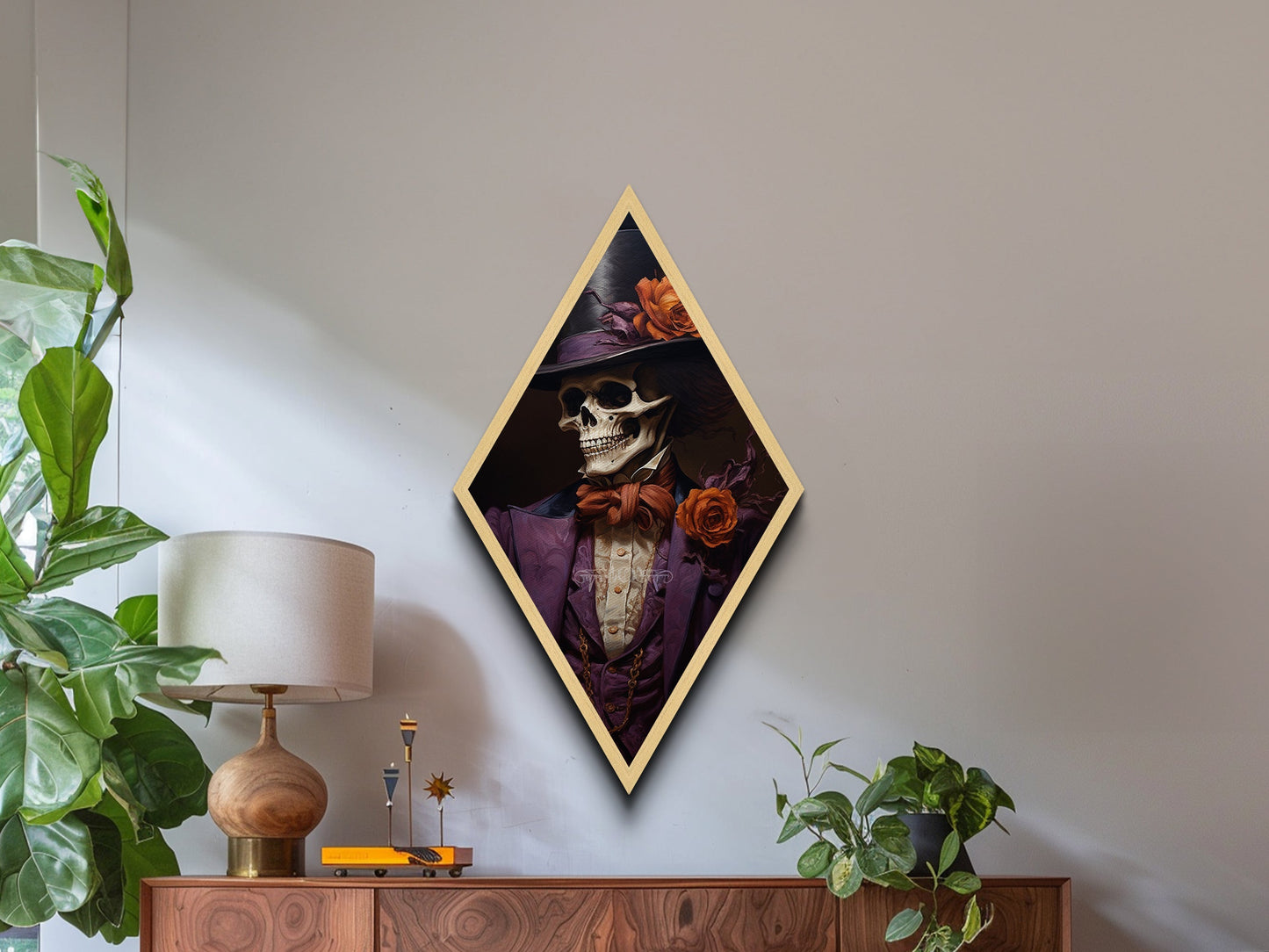Skeleton in Purple Suit with Roses Diamond Shaped Art Canvas Art Print Romantic Gothic Halloween Dark Dandy Wall Decor