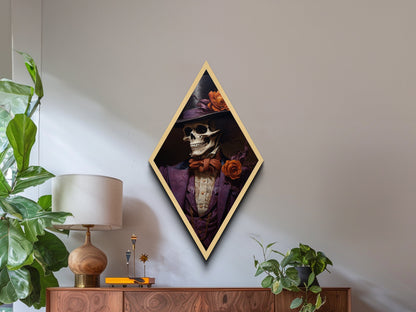 Skeleton in Purple Suit with Roses Diamond Shaped Art Canvas Art Print Romantic Gothic Halloween Dark Dandy Wall Decor