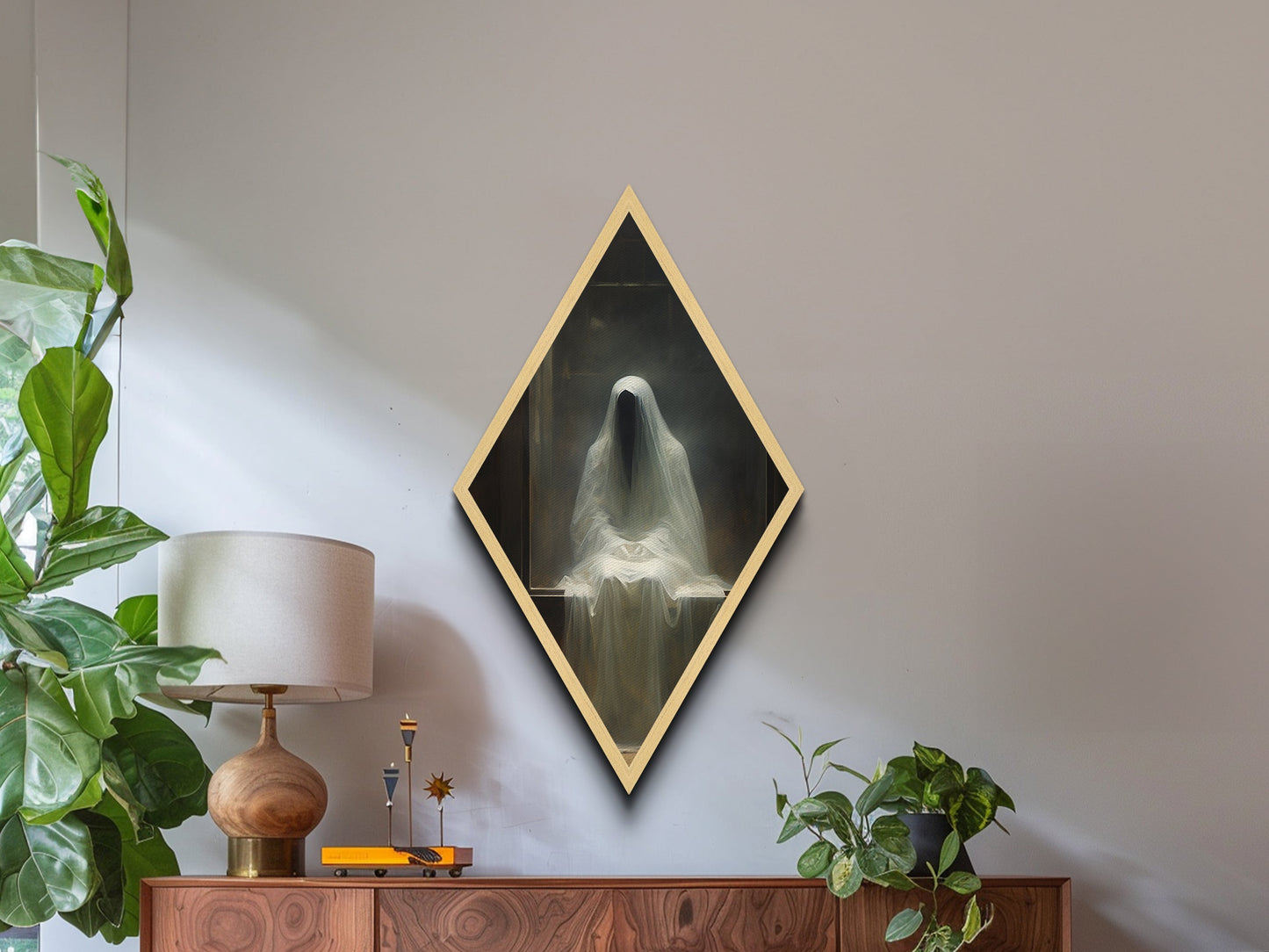 Diamond Shaped Art Phantom Figure Canvas Embossed Print, Dark Academia Halloween Wall Decor, Gothic Veiled Spirit Paranormal Painting