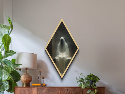 Diamond Shaped Art Phantom Figure Canvas Embossed Print, Dark Academia Halloween Wall Decor, Gothic Veiled Spirit Paranormal Painting