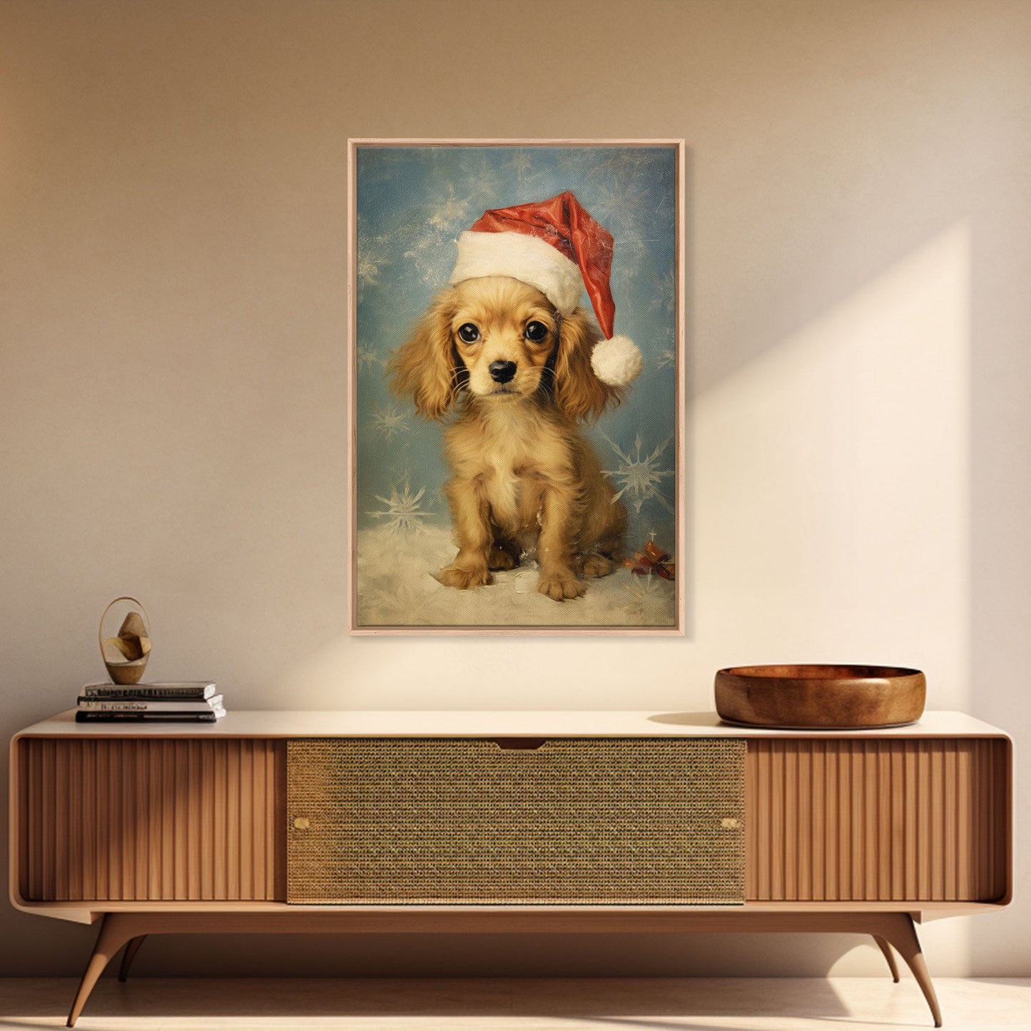 Cocker Spaniel Puppy In A Santa Hat, Framed Canvas Print, Christmas Decor, Holiday Decor, Seasonal Wall Decor, Farmhouse Christmas