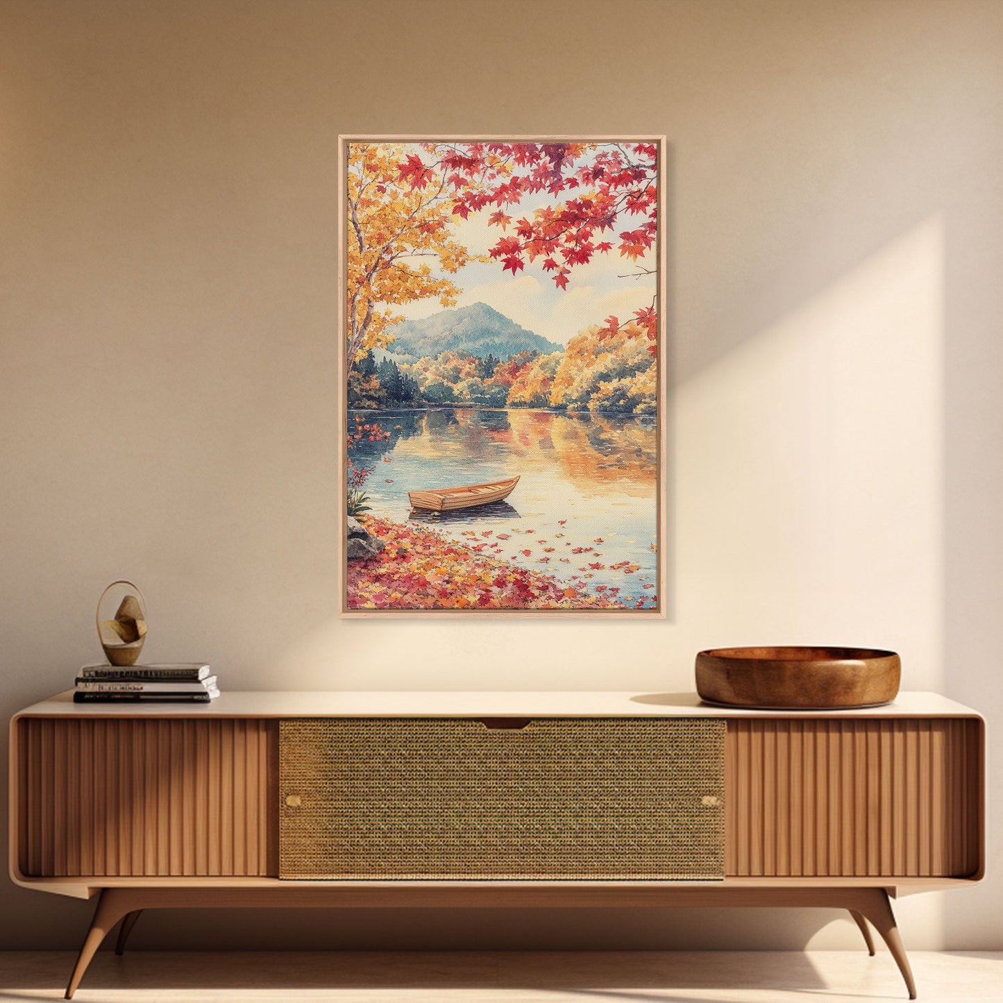 Canoe On A Serene Fall Lake, Framed Canvas Print, Autumn Decor, Fall Wall Art, Fall Poster, Autumn Prints Wall Art