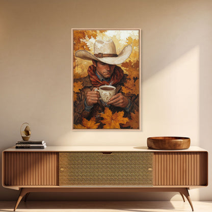 Cowboy Holding Hot Drink Framed Canvas Print - Moody Winter Landscape Art Perfect 2024 Christmas Wall Decor