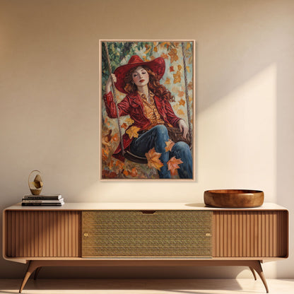 Fall Cowgirl Enjoying Her Swing, Framed Canvas Print, Autumn Decor, Cute Wall Art Gift Idea