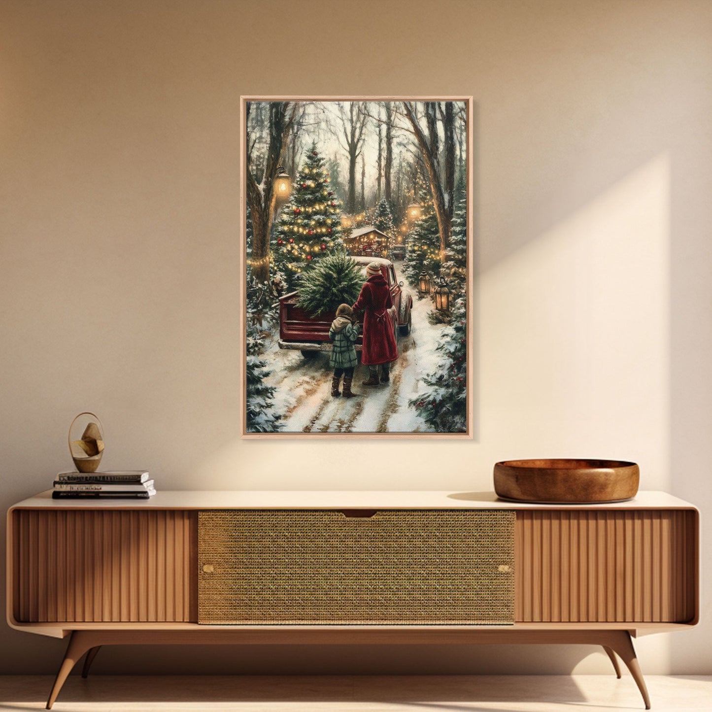 Rustic Christmas Tree Farm with Red Truck in Snowy Forest, Ideal Farmhouse Christmas Decor for Holiday Wall Art, Framed Canvas Print