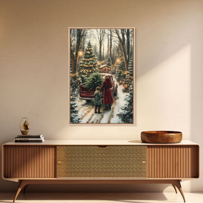 Rustic Christmas Tree Farm with Red Truck in Snowy Forest, Ideal Farmhouse Christmas Decor for Holiday Wall Art, Framed Canvas Print