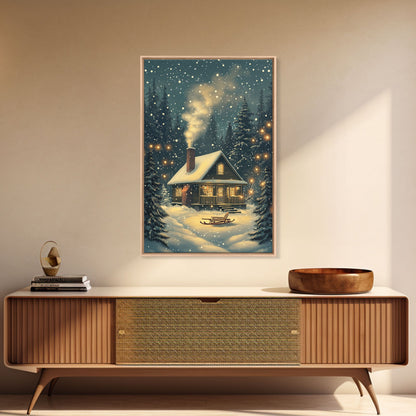 Cozy Cabin in Snowy Winter Forest, Warm Christmas Lights and Peaceful Holiday Scene, Perfect for Winter Wall Art, Framed Canvas Print