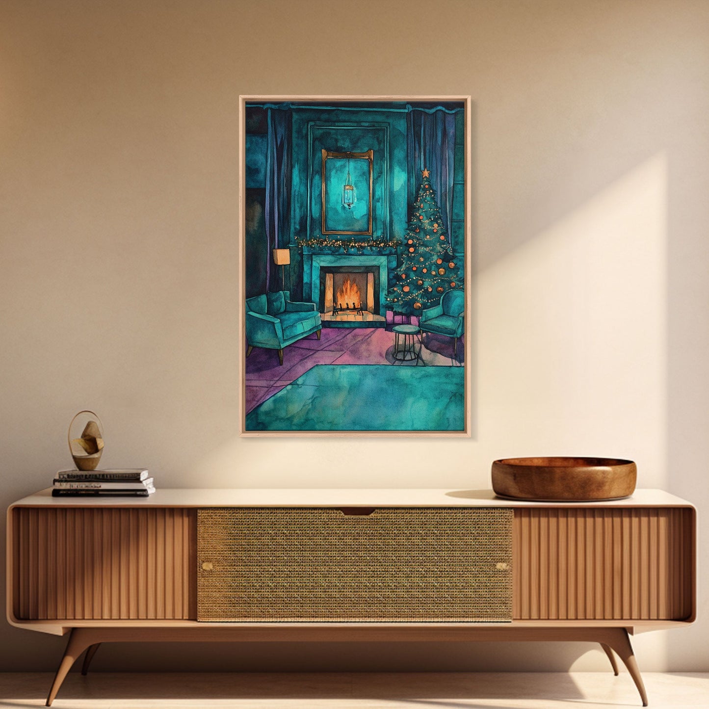 Cozy living room with Christmas tree and fireplace, Framed Canvas Print, Christmas wall art, perfect modern farmhouse holiday decor