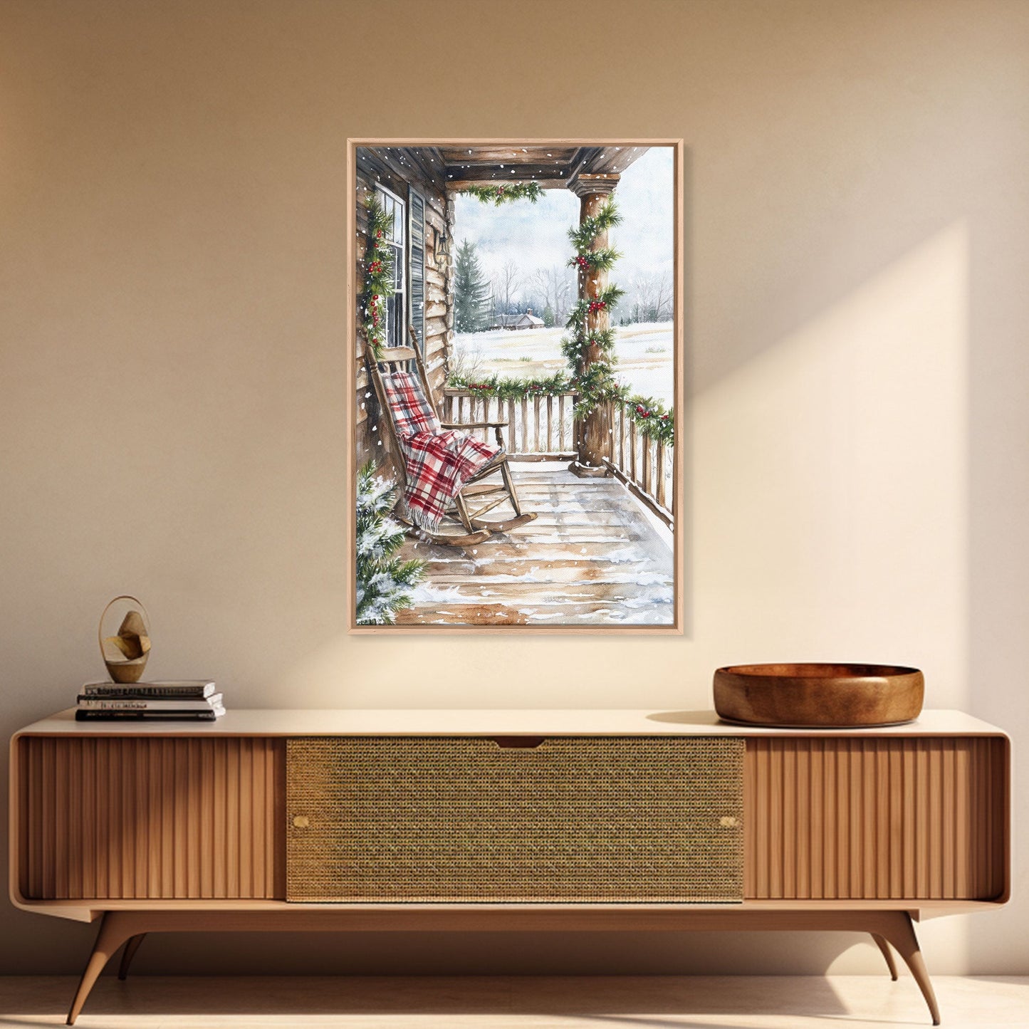 Farmhouse porch decorated with garland and cozy rocking chair, Framed Canvas Print winter decor idea for rustic home Christmas wall art