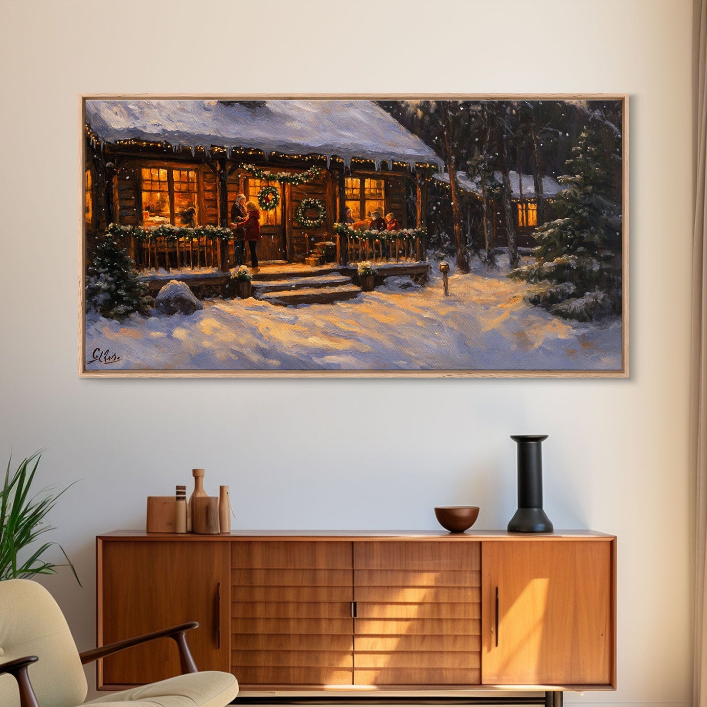 Festive Log Cabin Winter Scene Framed Canvas Print Christmas Wall Art, Rustic Holiday Art, Cozy Christmas Scene, Seasonal Wall Decor Gift