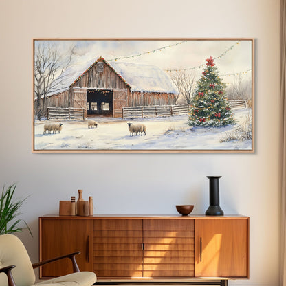 Christmas Barn Snow Sheep Canvas Print Christmas Farmhouse Decor Rustic Christmas Wall Art Framed Canvas Print Christmas Outdoor Decor
