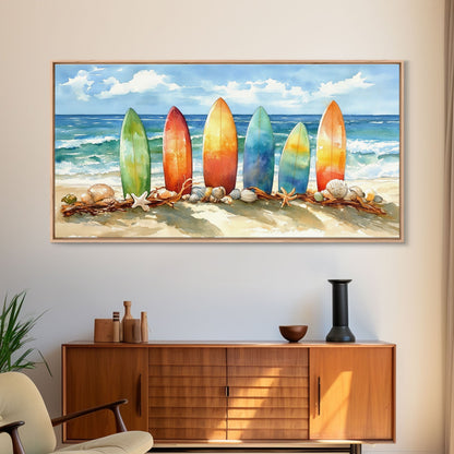 Colorful surfboards Christmas wall art, beach holiday decor, coastal Christmas art, framed canvas print, tropical Christmas art gift