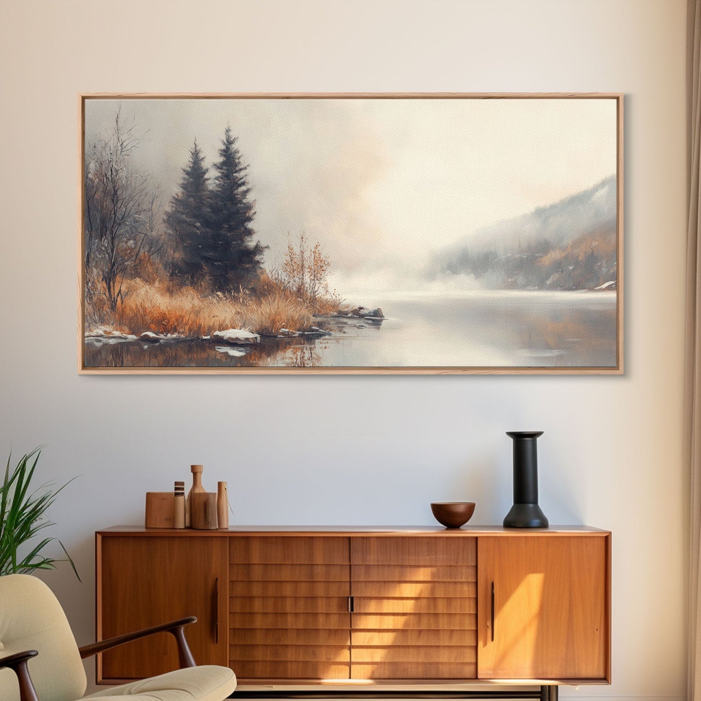 Fall On The River, Framed Canvas Print, Beautiful Watercolor Painting Of an Autumn Landscape, Ready To Hang Seasonal Decor