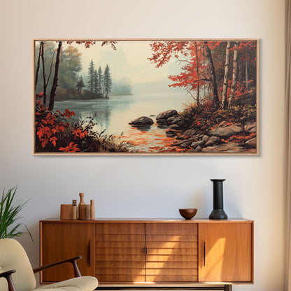 Fall On The River, Rustic Landscape Painting, Primitive Wall Art, Framed Canvas Print, retro festive holiday wall art Christmas decor