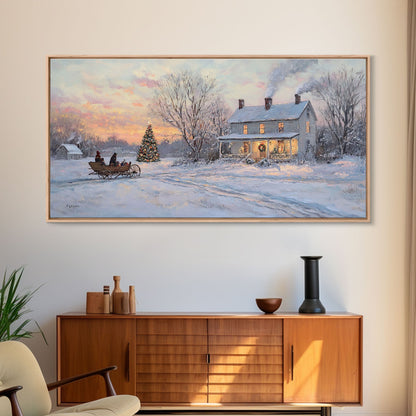 Horse Drawn Sleigh Ride Framed Canvas Print, Winter Wonderland Christmas Scene Art, Vintage Farmhouse Christmas Wall Art Gift Idea