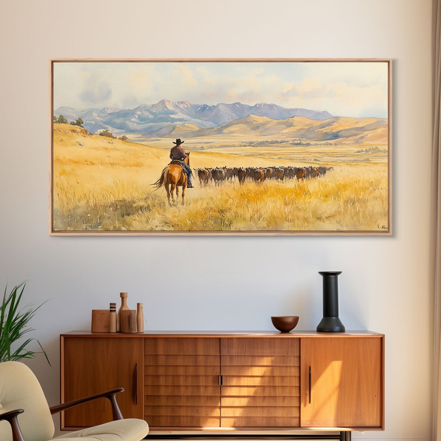 Cowboy On Snowy Path Framed Canvas Print Tall Art Winter Wonderland Western Christmas Decor Rustic Winter Wall Art Gift Cowboy Holiday Gift