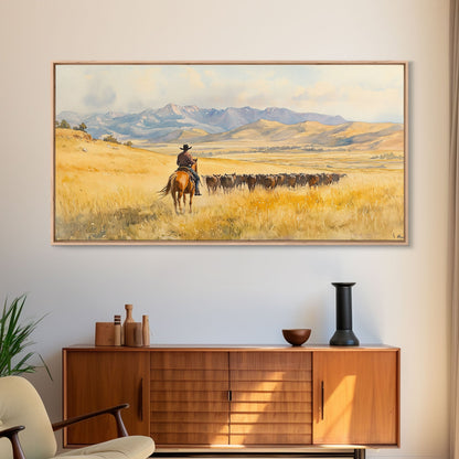 Cowboy On Snowy Path Framed Canvas Print Tall Art Winter Wonderland Western Christmas Decor Rustic Winter Wall Art Gift Cowboy Holiday Gift