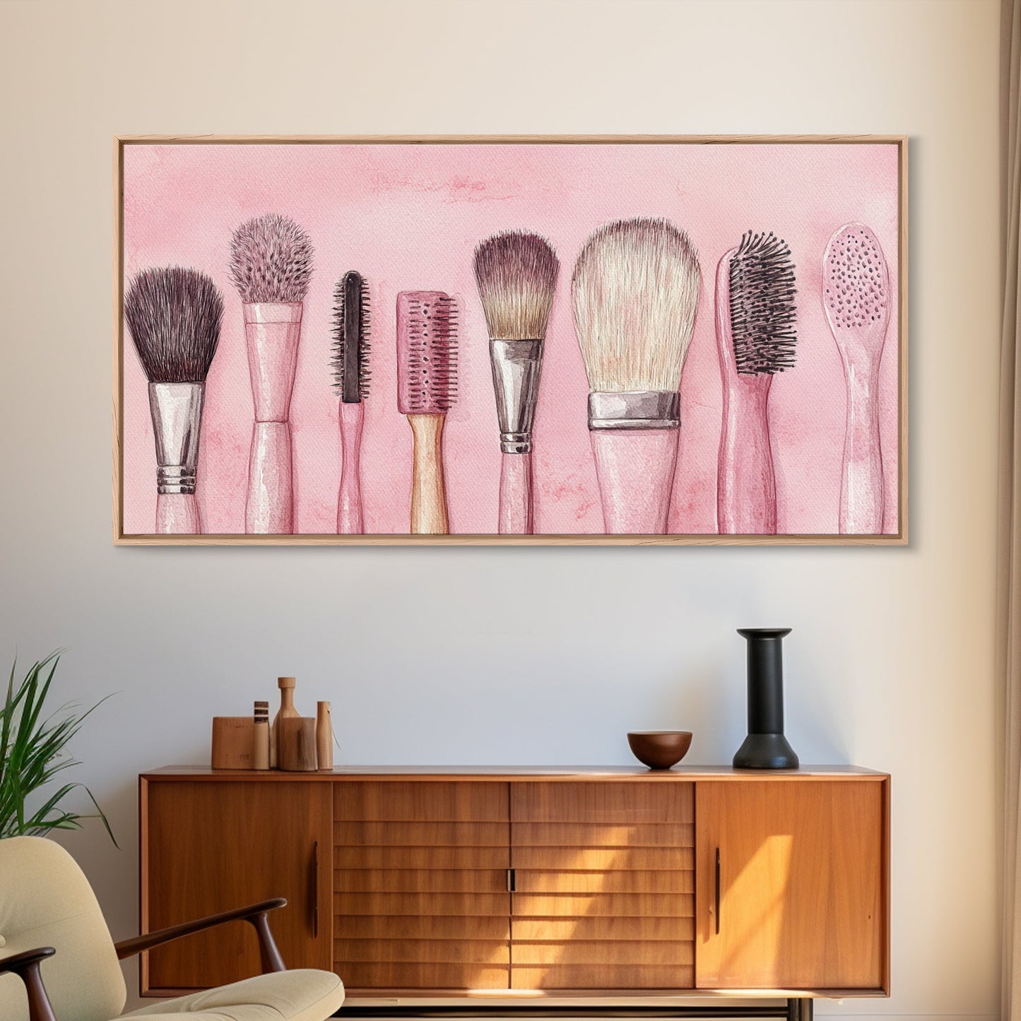 Makeup Brush Art Framed Canvas Print, Light Pink Chinoiserie Wall Art Whimsical Decor, Minimalist Art Rustic Wall Gift Idea