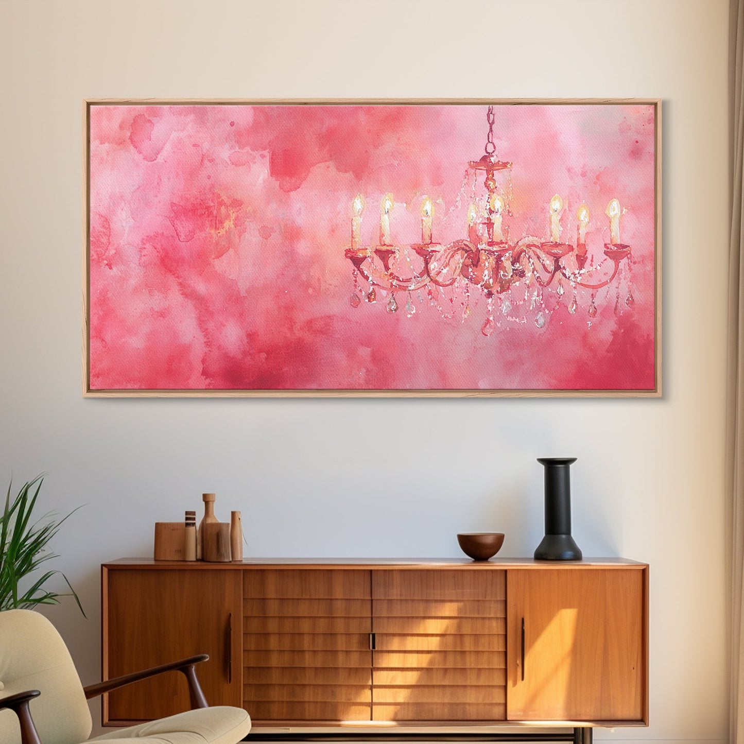Pink Chandelier Canvas Print Glamorous Light Pink Wall Art Elegant Boho Minimalist Living Room Bedroom Art Framed Christmas Decor