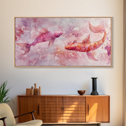 Koi Fish Painting Canvas Print Pink and Orange Wall Art Above Sofa Art Nautical Decor Gift Idea Whimsical Art Bedroom Decor