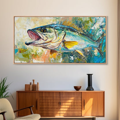 Fish Painting, Coastal Wall Art, Nautical Decor, Wildlife Painting, Fly Fishing Art, Extra Wide Art, Framed Canvas Print, Above Couch Art
