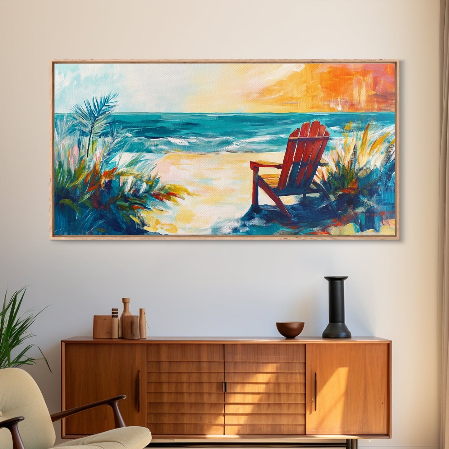 Beach Chair, Coastal Painting, Nautical Wall Art, Ocean Painting, Seascape Painting, Framed Canvas Print, Extra Wide Art, Coastal Decor