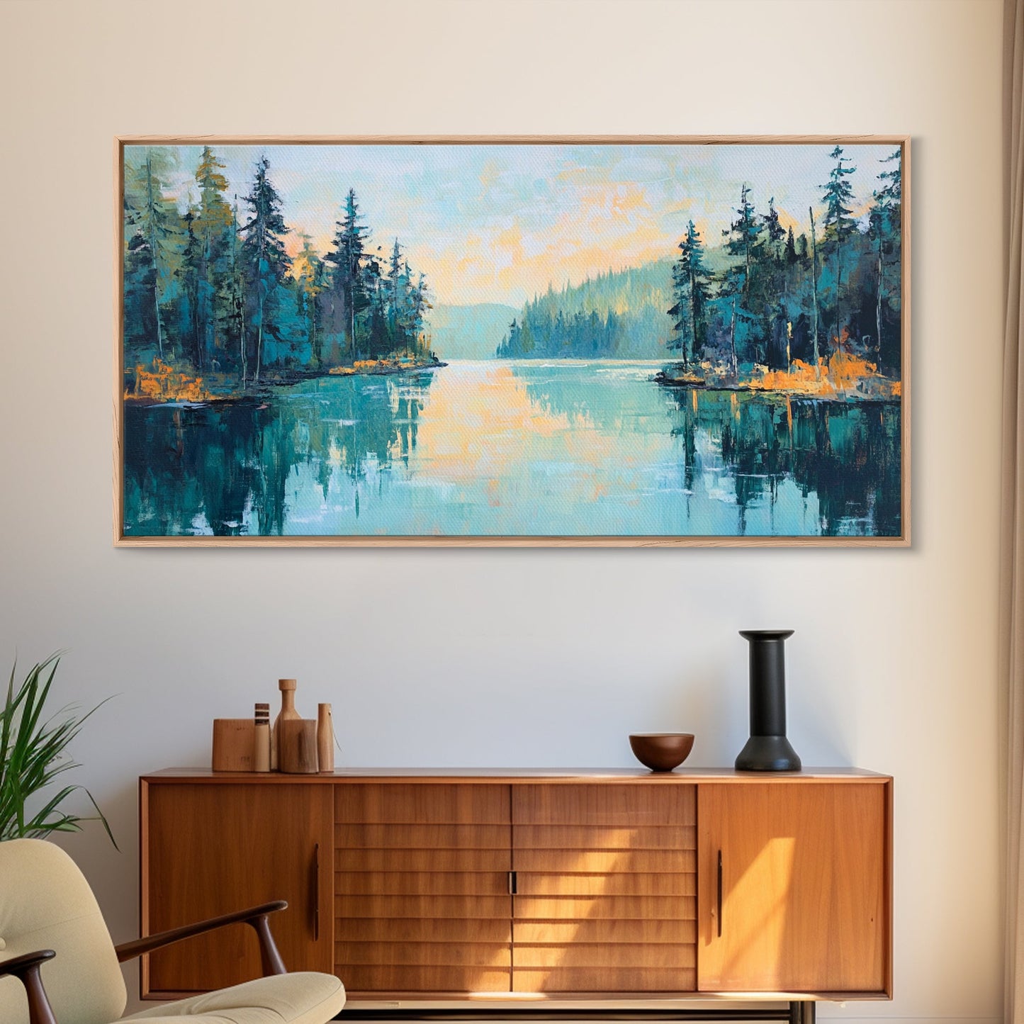 Tranquil Lake, pine tree art, landscape painting, smoky mountain art, panoramic painting, nature painting, Framed Canvas Print