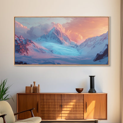 Snowy Mountain Scene, Landscape Painting, Moody Art, Extra Wide Art, Framed Canvas Print, Winter Decor, Bedroom Art
