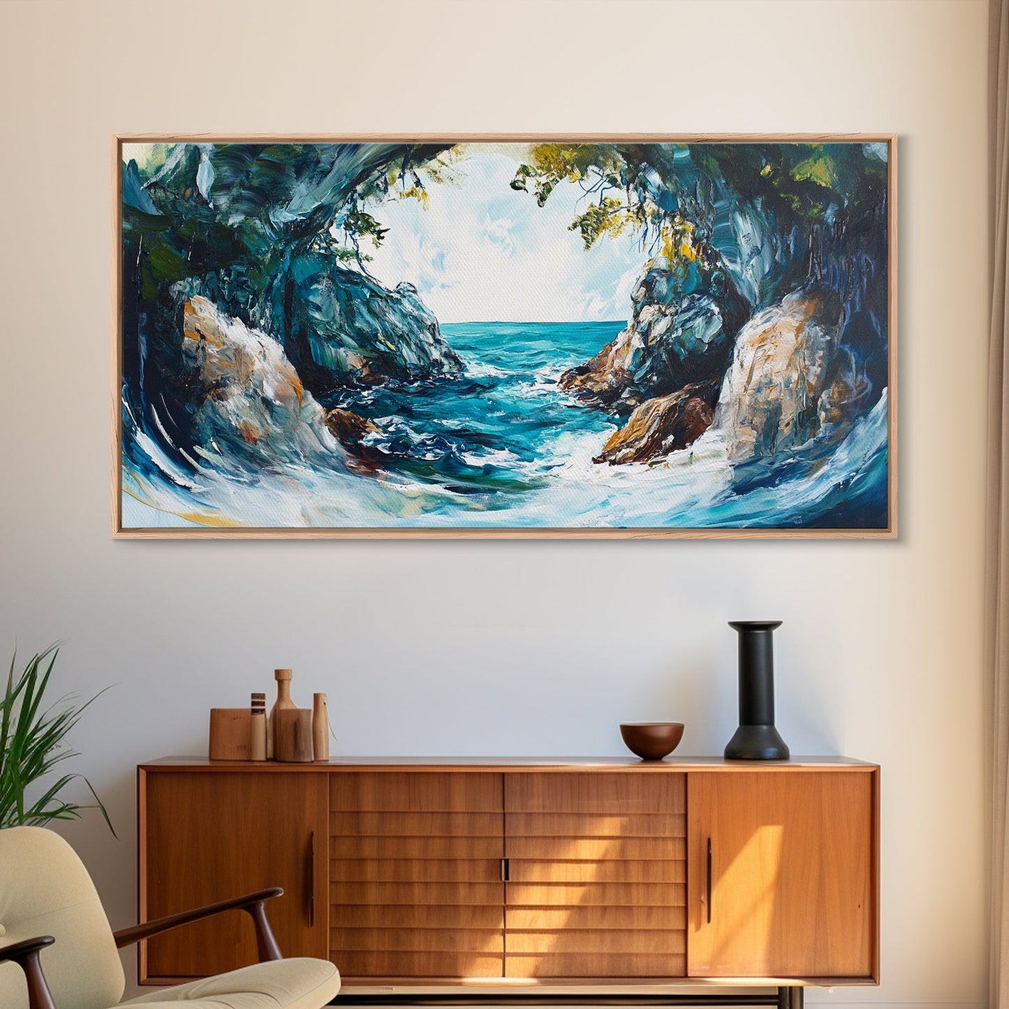 Ocean Cave, coastal landscape art, seascape painting, blue and green wall art, framed canvas print, extra wide art, beach painting